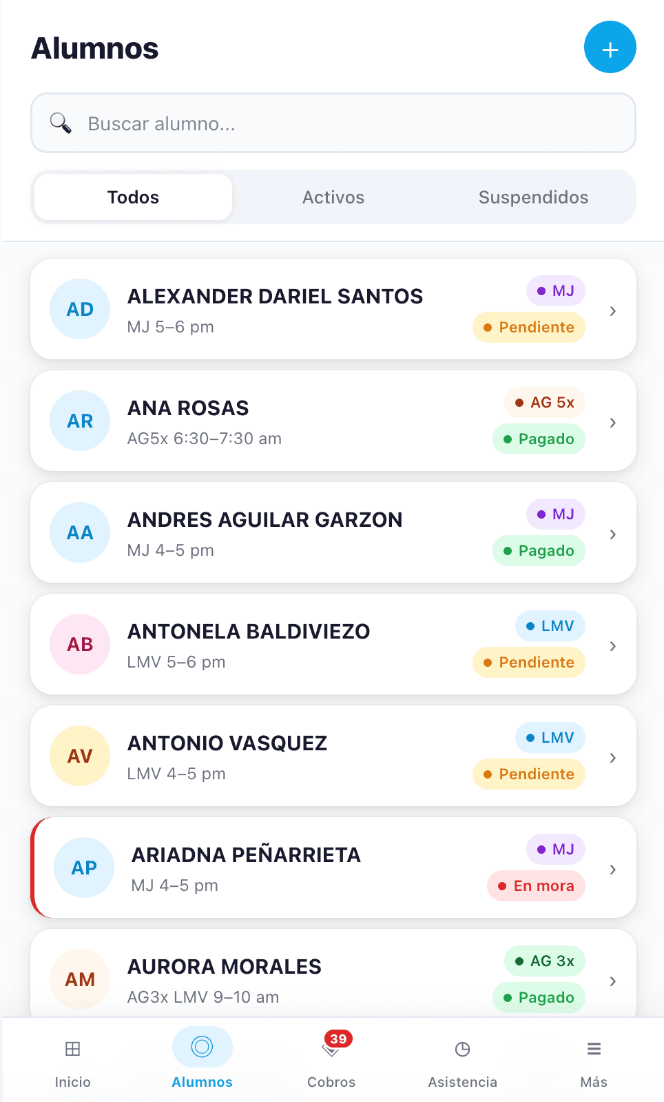 Listado de alumnos con estado de pago y clase