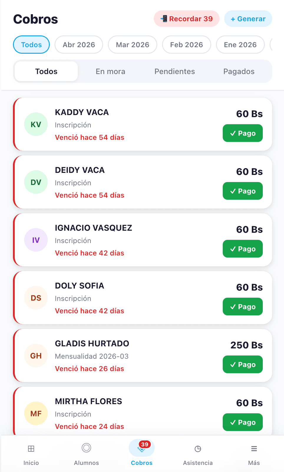 Pantalla de cobros con lista de pagos pendientes